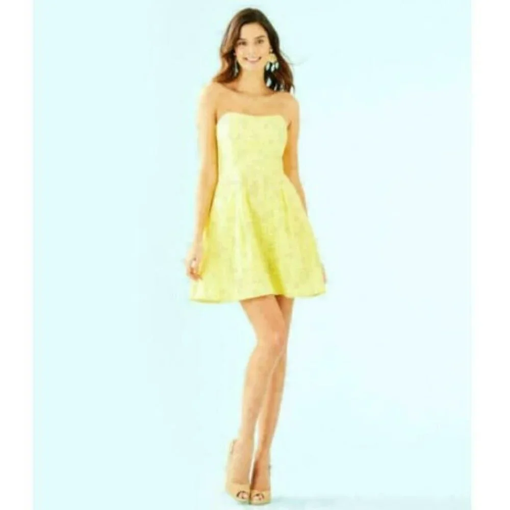 Lilly Pulitzer Yellow Pineapple Juice‎ Flower Eyelet Blossom Straples Dress Sz 2 - Picture 2 of 12